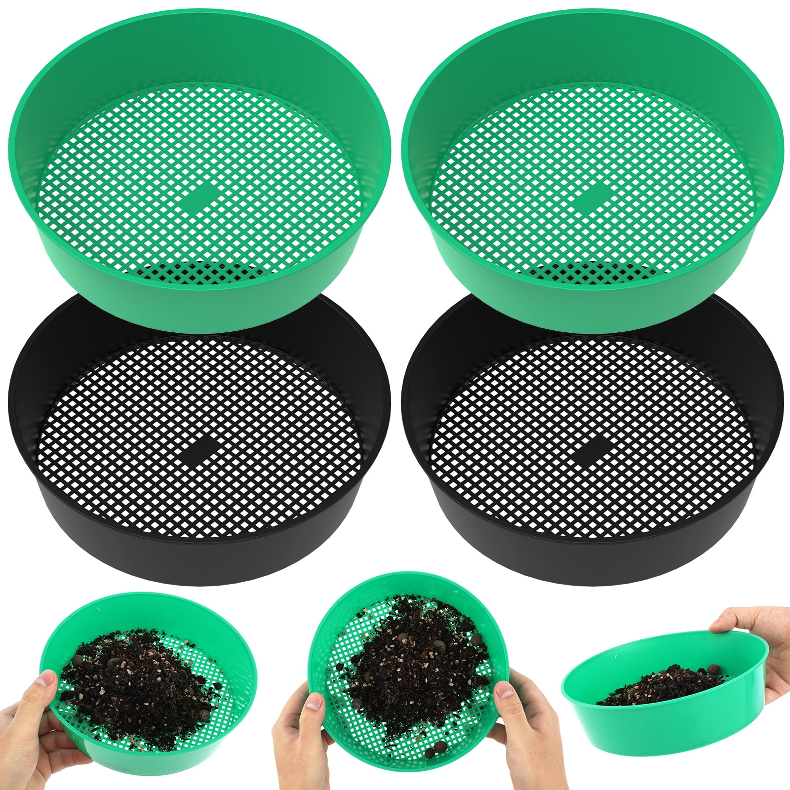 Adifare 4 Pcs Garden Sieve,Soil Sifter Reusable Rock Sifter Pan Plastic Garden Mesh Sieve Round