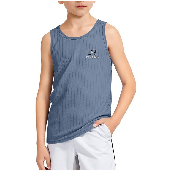 AIEOTT Boys' Ribbed Stripe Tank Top, Crew Neck Sleeveless Base Layer with Logo for Summer Casual & Sports Wear, for 3-13 Years