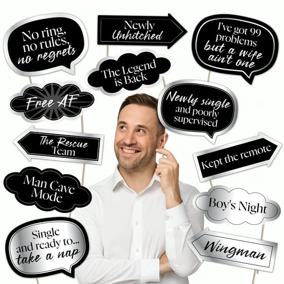 Men’s Divorce Party Photo Booth Props – Funny Signs for Newly Single Celebration and Party Decorations – 12 Piece Set
