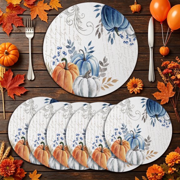 MIZHONA Blue Fall Round Placemats Set of 6 Autumn Thanksgiving Pumpkins Table Mat 14 inch for Kitchen Dining Table Decoration