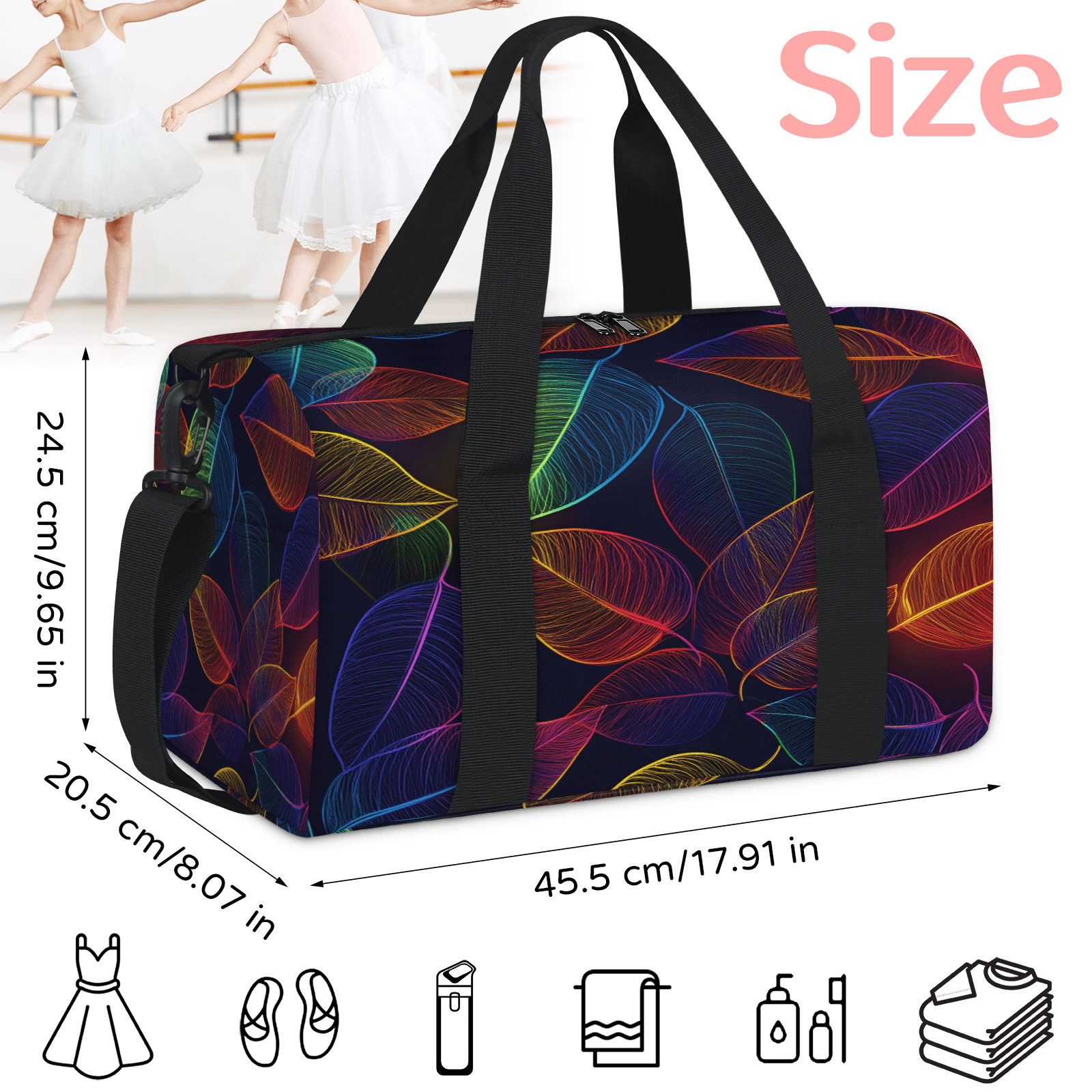Herdesigns Leaves Travel Duffle Bag Sports Yoga Weekender Overnight Carry on Workout Bags Lightweight Waterproof Gym Tote Bag for Women Colorful Leaf