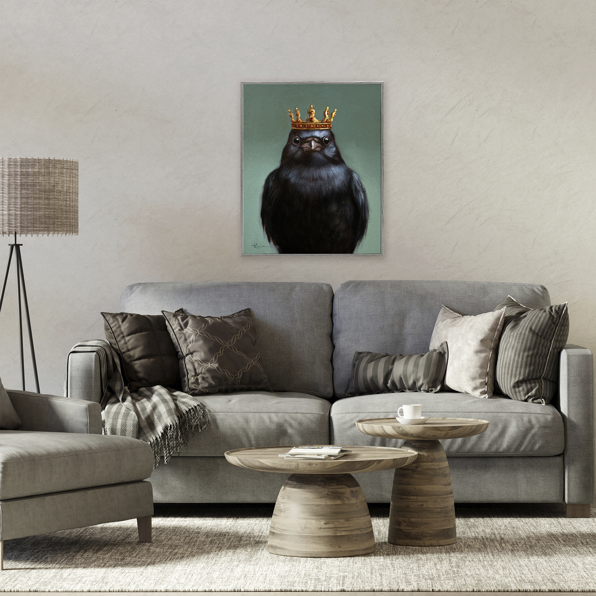 King Crow Portrait Gray Framed Giclee Art, design by Lucia Heffernan