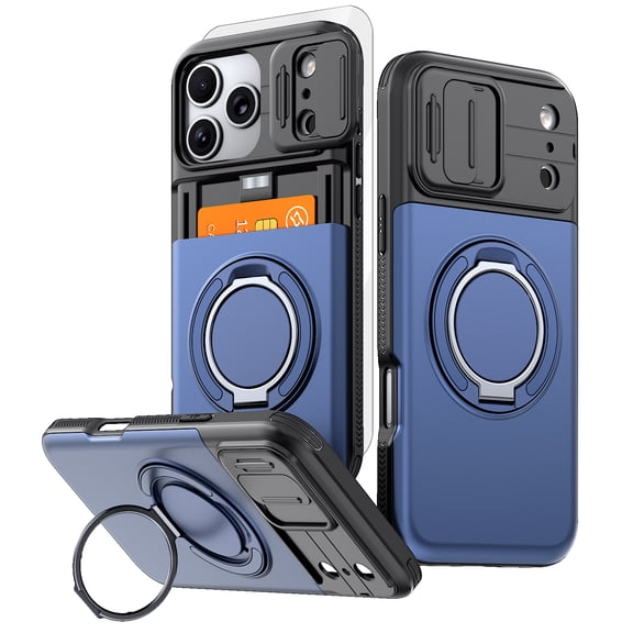 Dteck Case with Tempered Glass Screen Protector for iPhone 17 Pro Max,Shockproof TPU PC Case Card Holder with Ring Kickstand Slide Lens Protection Cover,Blue