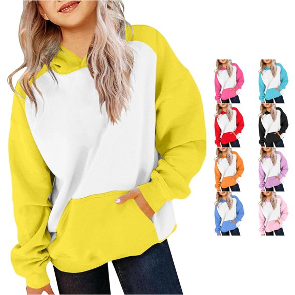 Vividxx Hoodies For Girls Oversized Long Sleeve Hooded Sweatshirt Kids Casual Color Block Pullovers Tops With Pocket Fashion Clothing 11-12 Years
