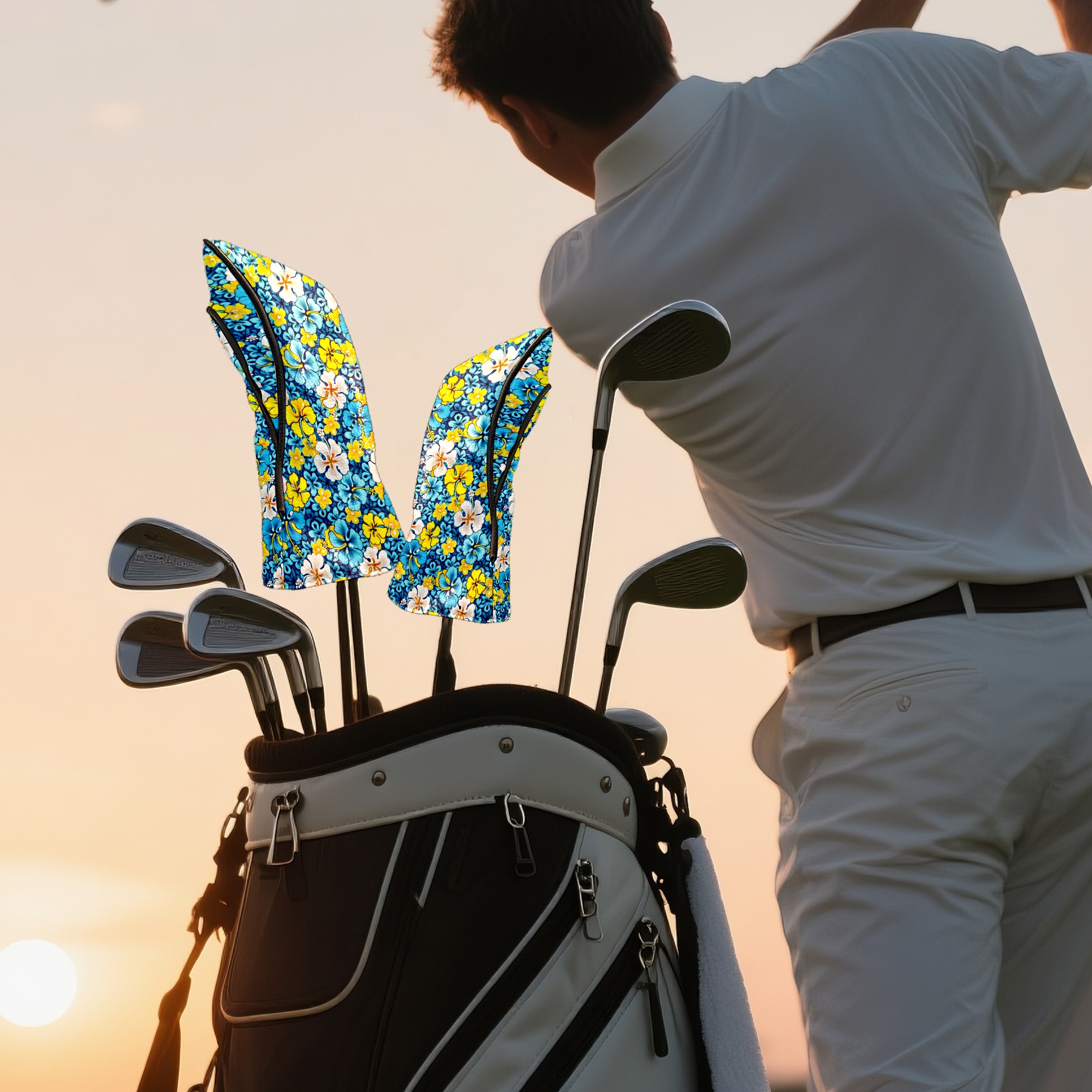 Golf Club Covers, Blue Flowers Premium PU Leather Driver Hybrid Putter Head Covers with Velvet Lining, Waterproof Golf Gifts for Men Women