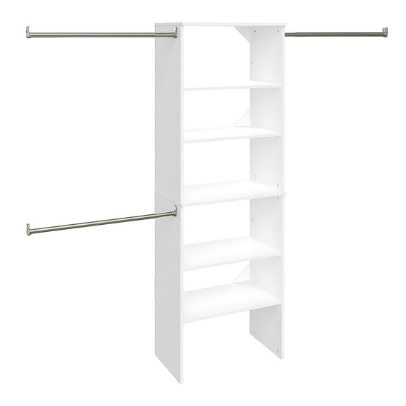 ClosetMaid SuiteSymphony Wood Closet Organizer Starter Kit with Tower and 3 Hang Rods, Shelves, Adjustable, Fits Spaces 5 – 10 ft. Wide, Pure White