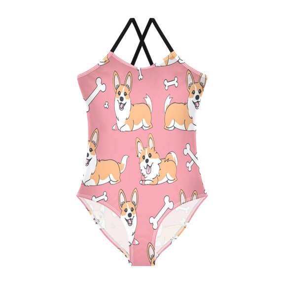 BZSMCE One-Piece Swimsuit with Crisscross StrapsCorgi Pink Background Bones Pattern