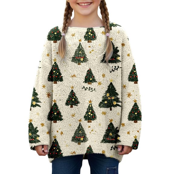 Girls Loose Long Sleeve Crew Neck Knit Sweater Christmas Tree Graphic For Fall Winter Daily Layering Wear