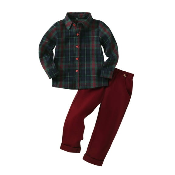 GBSYEWXS Casual Outfit Set For Children Boys Collared Long Sleeve Plaid Print Shirt Pant Casual Winter Outfits Sets Dark Green Size 6-7 Years