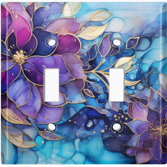 Metal Light Switch Wall Plate Outlet Cover (Printed Image of Stained Glass Flowers - Double Toggle)