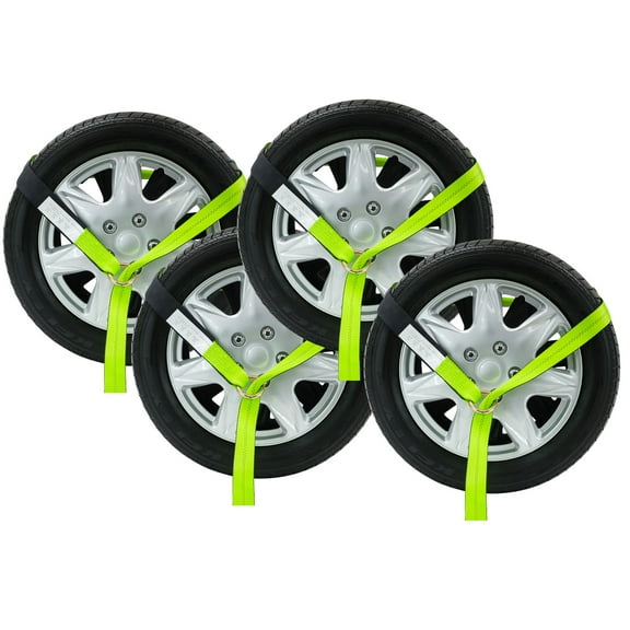 (4 Pack 2" x12' Winch Lasso Strap with O Ring, Safety High Viz Green Webbing, Cordura Sleeves - Car Tie Down Tire Straps for Trailers Auto Tow Car Hauler Wheel Net