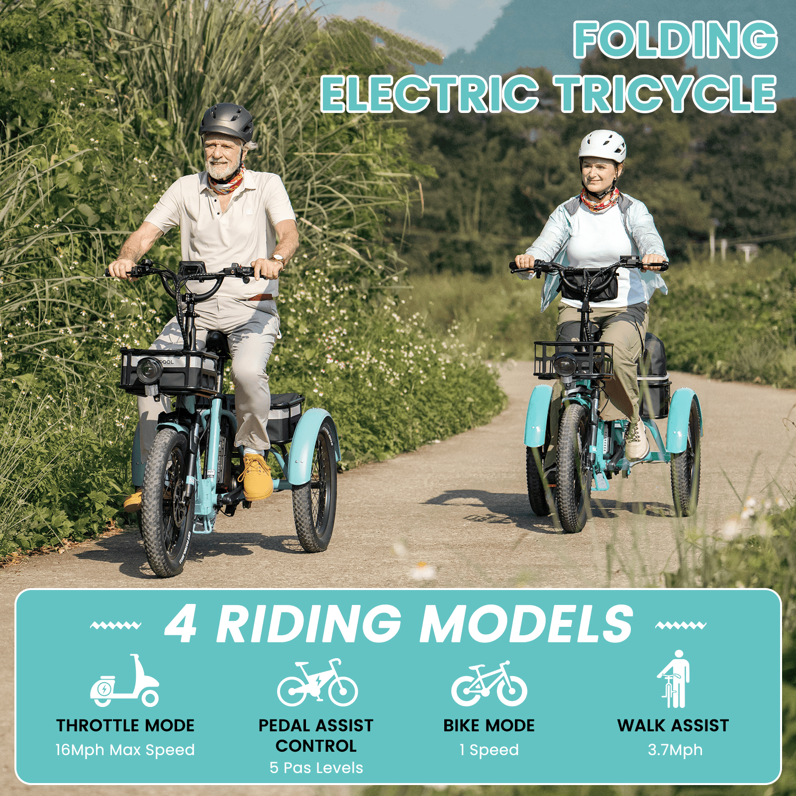 MOONCOOL TK1 Folding Electric Tricycle for Adults,48V 14.5Ah Removable battery, Peak 1000W Motor, 20" Fat Tire Step-Thru 3 Wheel Electric Bicycle W/ Mirrows Kit