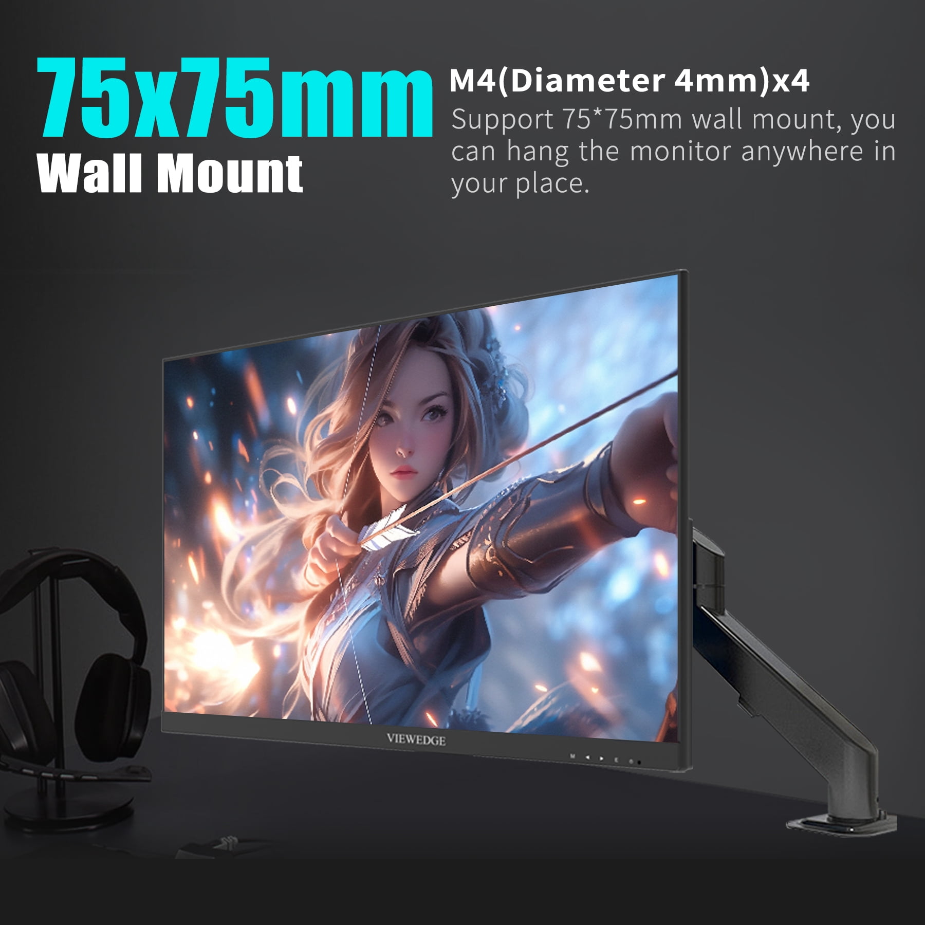 Viewedge 24 Inch Gaming Monitor with 180Hz, VA 1ms, FHD 1080p and HDR 10 PC Computer Monitor with 100% sRGB, Bluelight Filter, 2 HDMI & 1 DP Port, Support Freesync and Wall Mounted