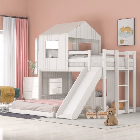 Wooden Twin Over Full Bunk Bed with Slide  Loft Bed Frame with Playhouse  Farmhouse  Ladder and Guardrails for Kids  Toddlers  Boys & Girls (White-Twin-Full)