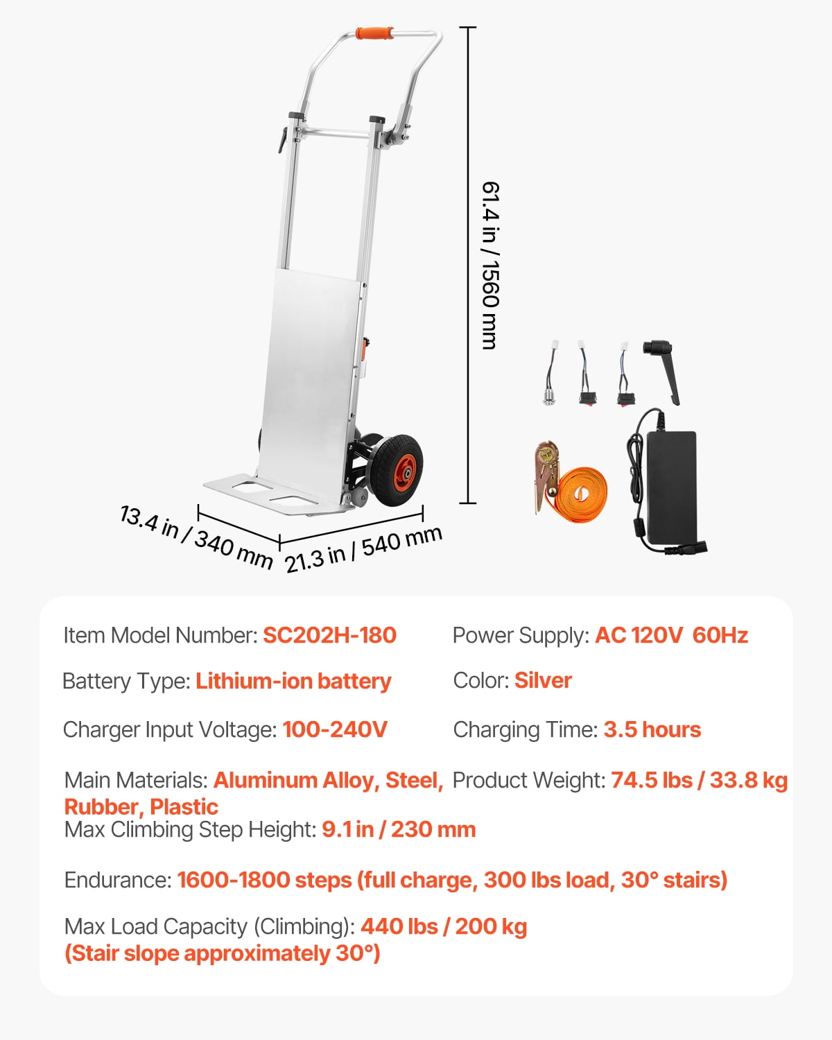 VEVOR Electric Stair Climbing Dolly, 440lbs Capacity Electric Stair Climbing Hand Trucks with 157.5in Rope & Folding Handle, Heavy Duty Stair Climber for Warehouse Logistics,Moving Furniture(Silver)