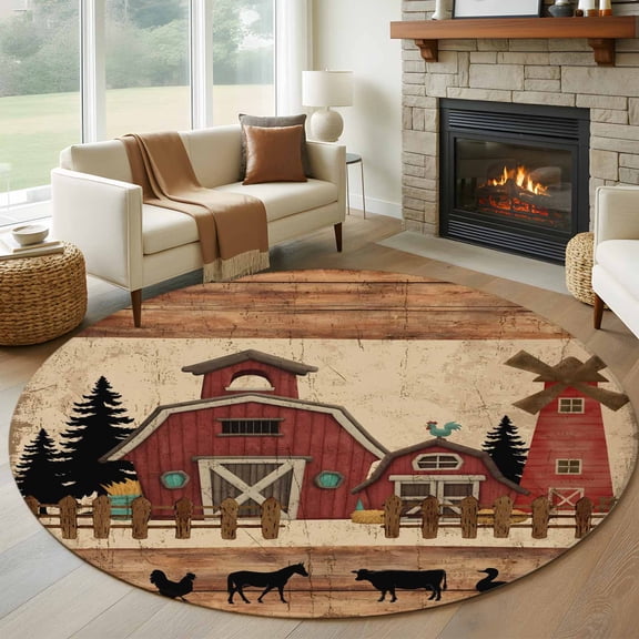 Round Rugs 6Ft, Brown Farmhouse Round Area Rug Washable Indoor Throw Carpet, Vintage Country Animals Wooden Grain Soft Non Slip Circle Rug for Office Cabinet Home Decor Aesthetic