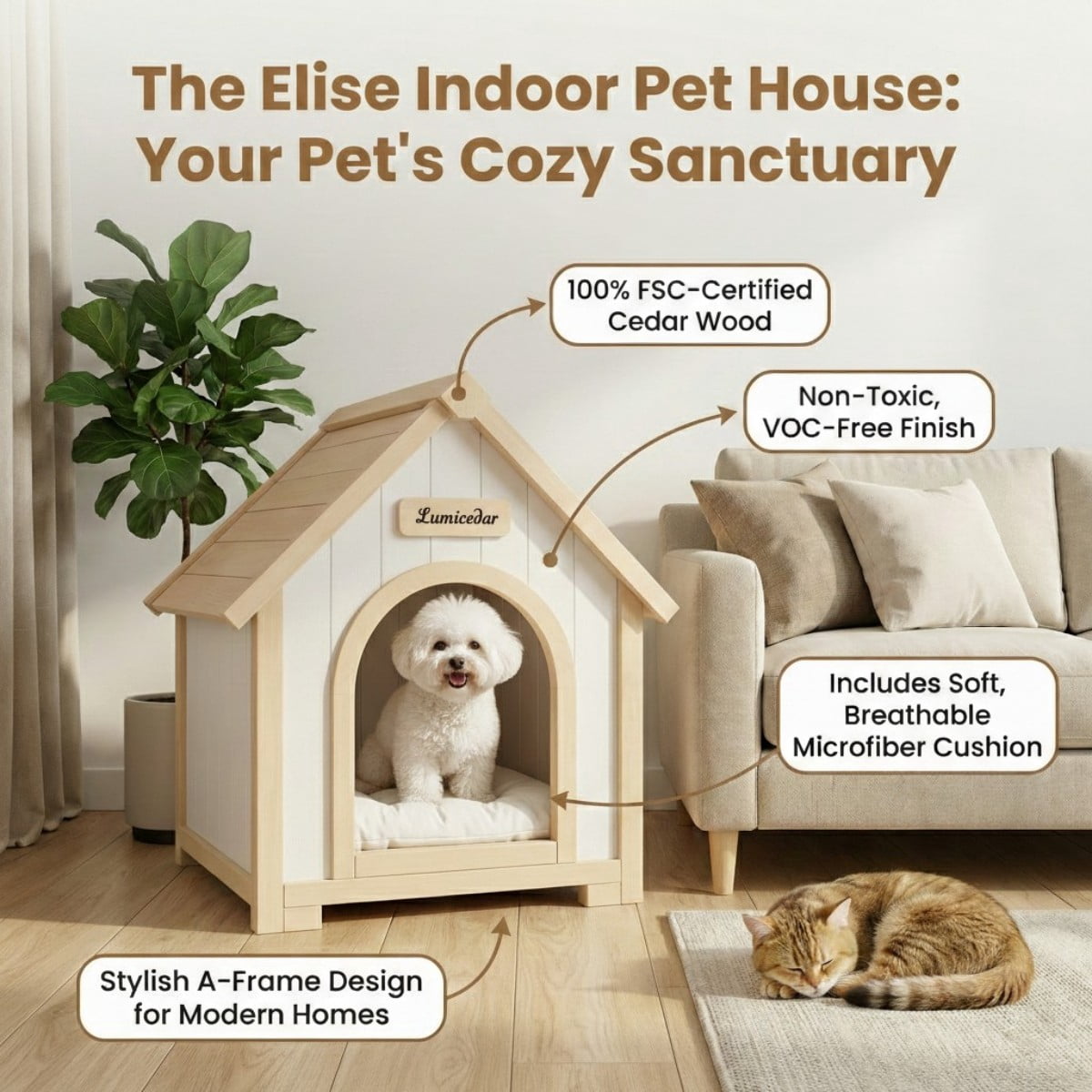 ENNSOO Modern Indoor Wooden Dog House with EVA Cushion, Solid Cedar Pet House for Small Dogs and Cats