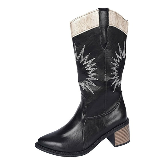 Chunky Heeled Leather Cowboy Boots for Women Wide Calf Western Cowgirl Pointed Toe Vintage Embroidery Mid Calf Riding Boots Black Size 6.5