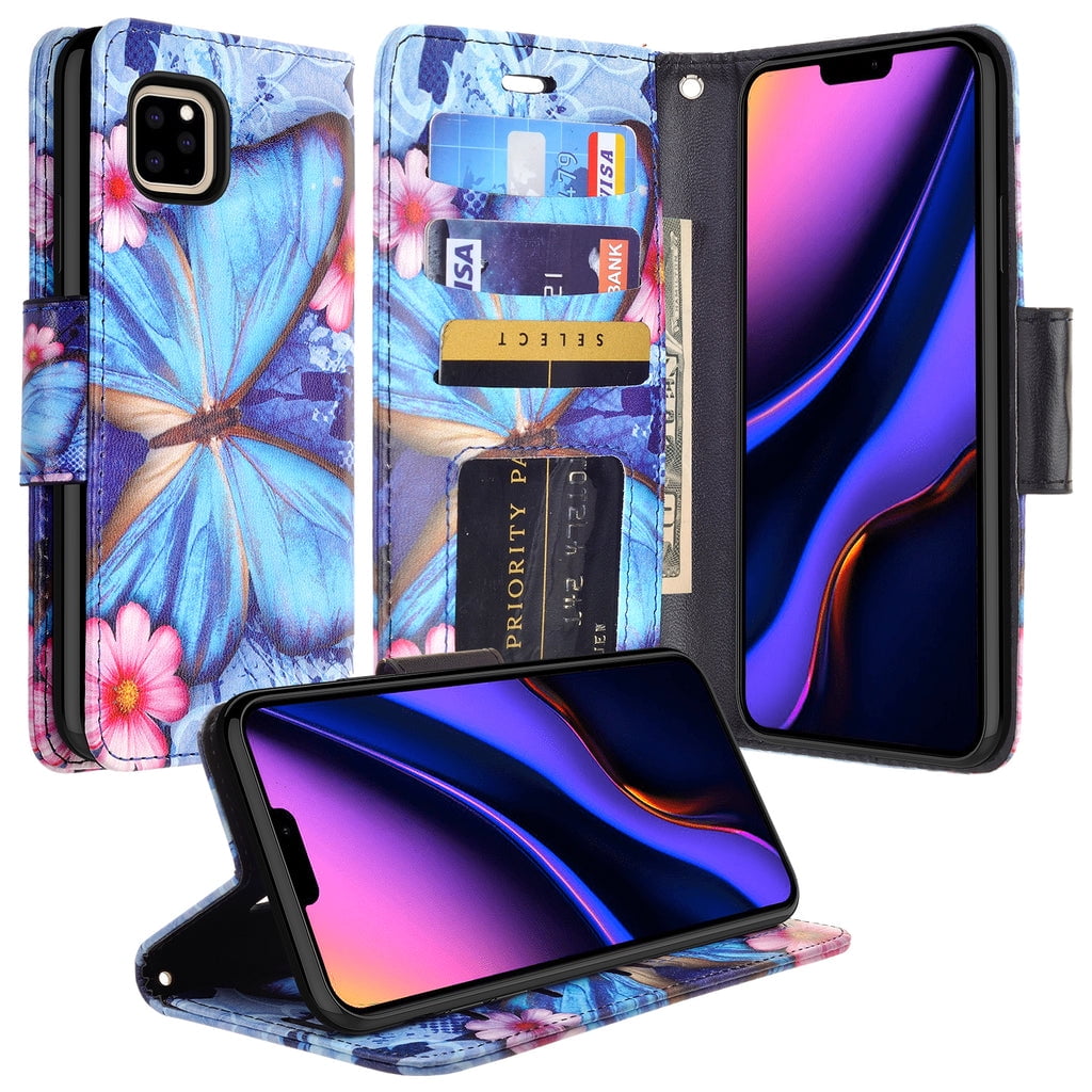 SPY Case for iPhone 12 Mini Wallet Case with Card Holder Magnetic Stand Book Flip Cover Shockproof Protection Case with Apple iPhone 12 / iPhone 12 Pro - Blue Butterfly