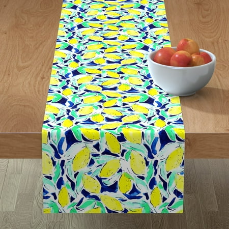 

Cotton Sateen Table Runner 108 - Bold Lemons Blue Aqua Fruit Watercolor Painted Lemon Citrus Farmhouse Print Custom Table Linens by Spoonflower