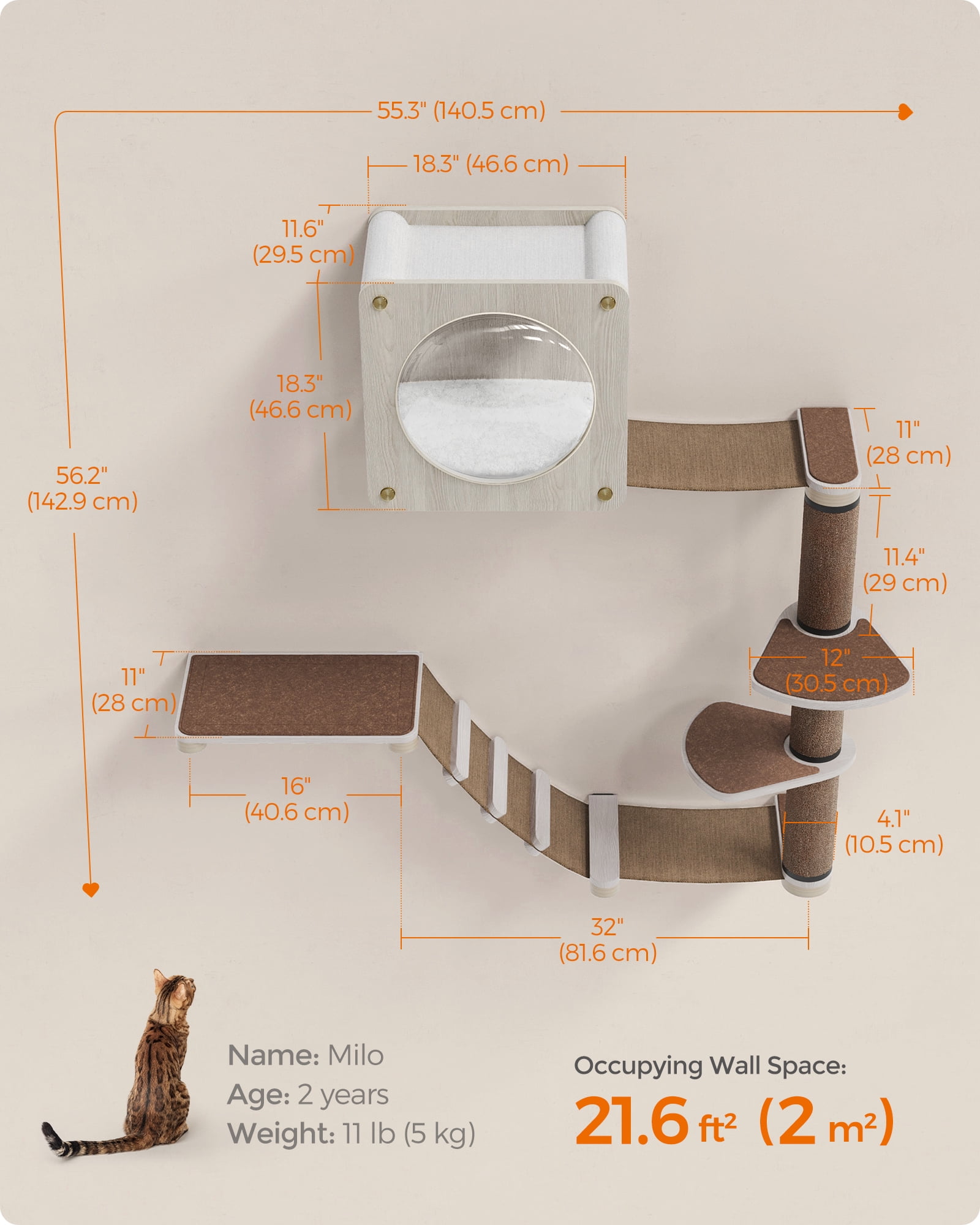 Feandrea Clickat Oasis - Cat Wall Furniture Set of 5 Cat Wall Shelf Wall-Mounted Cat Hammock Scratching Post Cave Extremely Quick Assembly Unlimited Expandability Replaceable Module and Parts