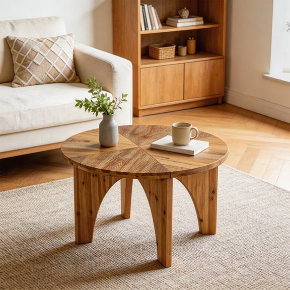 Finmind 31.5" Solid Wood Round Coffee Table, Farmhouse Circle Center Table with Curved Legs, Natural