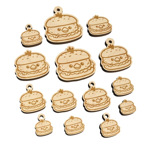 Cute Chicken Sandwich Wood Mini Charms Shapes DIY Craft Jewelry - With Hole - Various Sizes (16pcs)