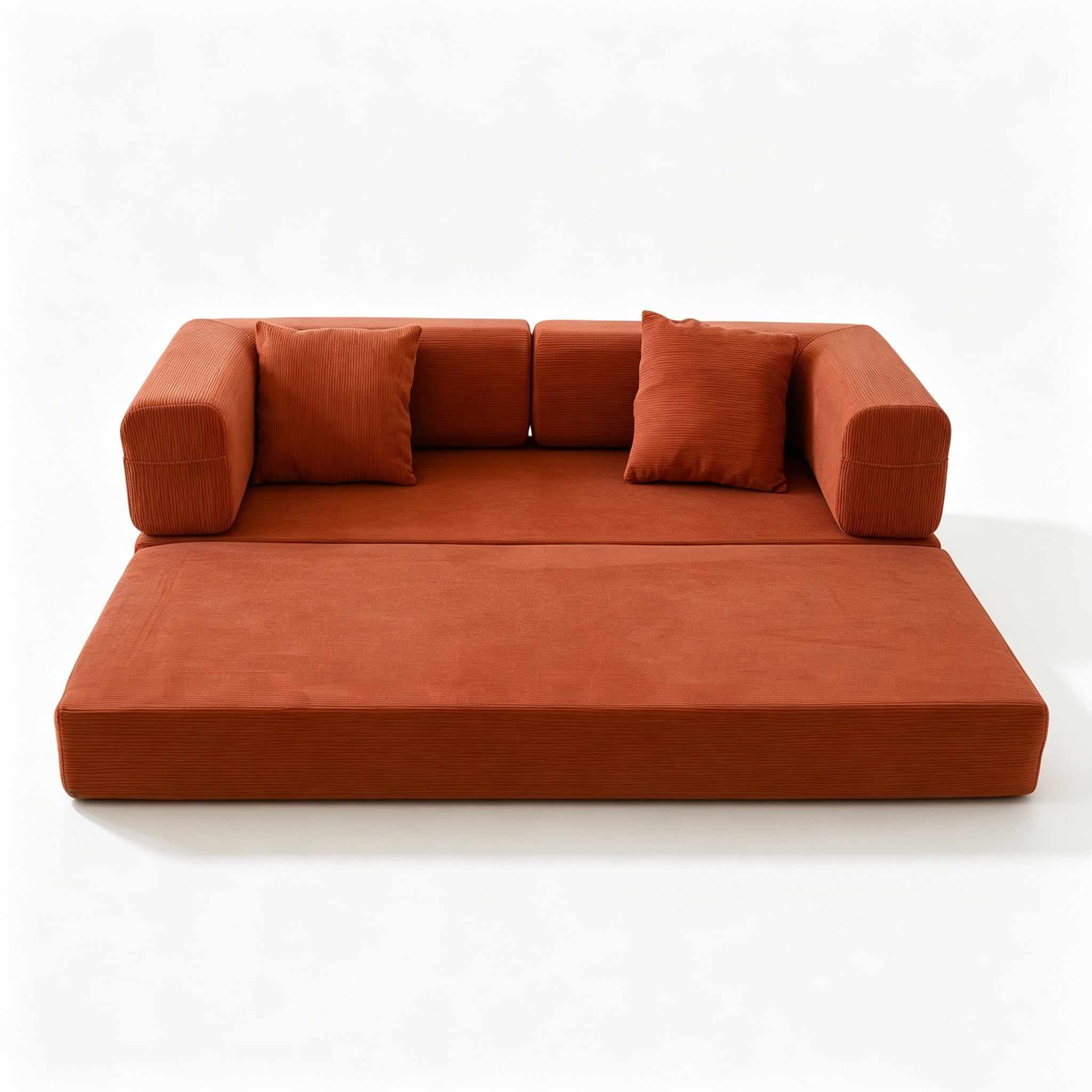 Garitin Sofa Bed and Convertible Floor Sofa 78.74 Inch, Corduroy Fabric Couch with Double Pillows for Living Room Bedroom, Orange