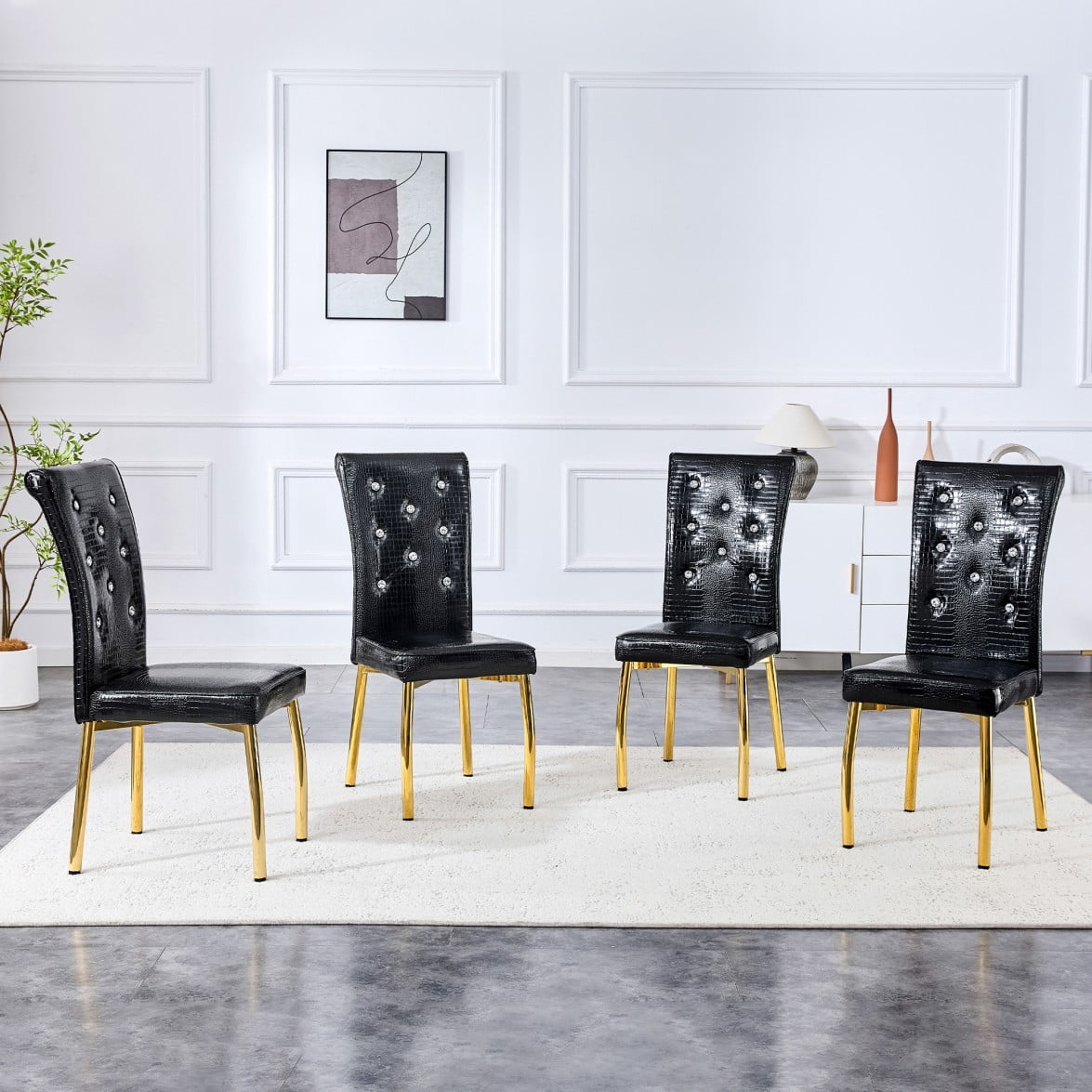 Set of 4 Retro Dining Chairs, Faux Alligator-Textured PVC Leather Upholstered Chairs with Crystal Button Details & Galvanized Metal Legs, 400 LBS, Black & Gold