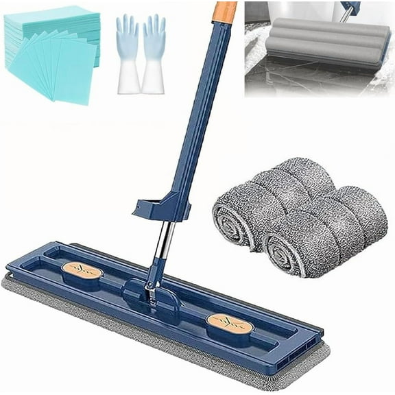 2025 New Large Flat Mop, 50'' Large Flat Mop System, 360 Rotating Dust Mops, Self Wringing Flats Mops, Adjustable Handle with 2/4/6 Reusable Microfiber Pads Dry and Wet(Blue 2 Cloth)
