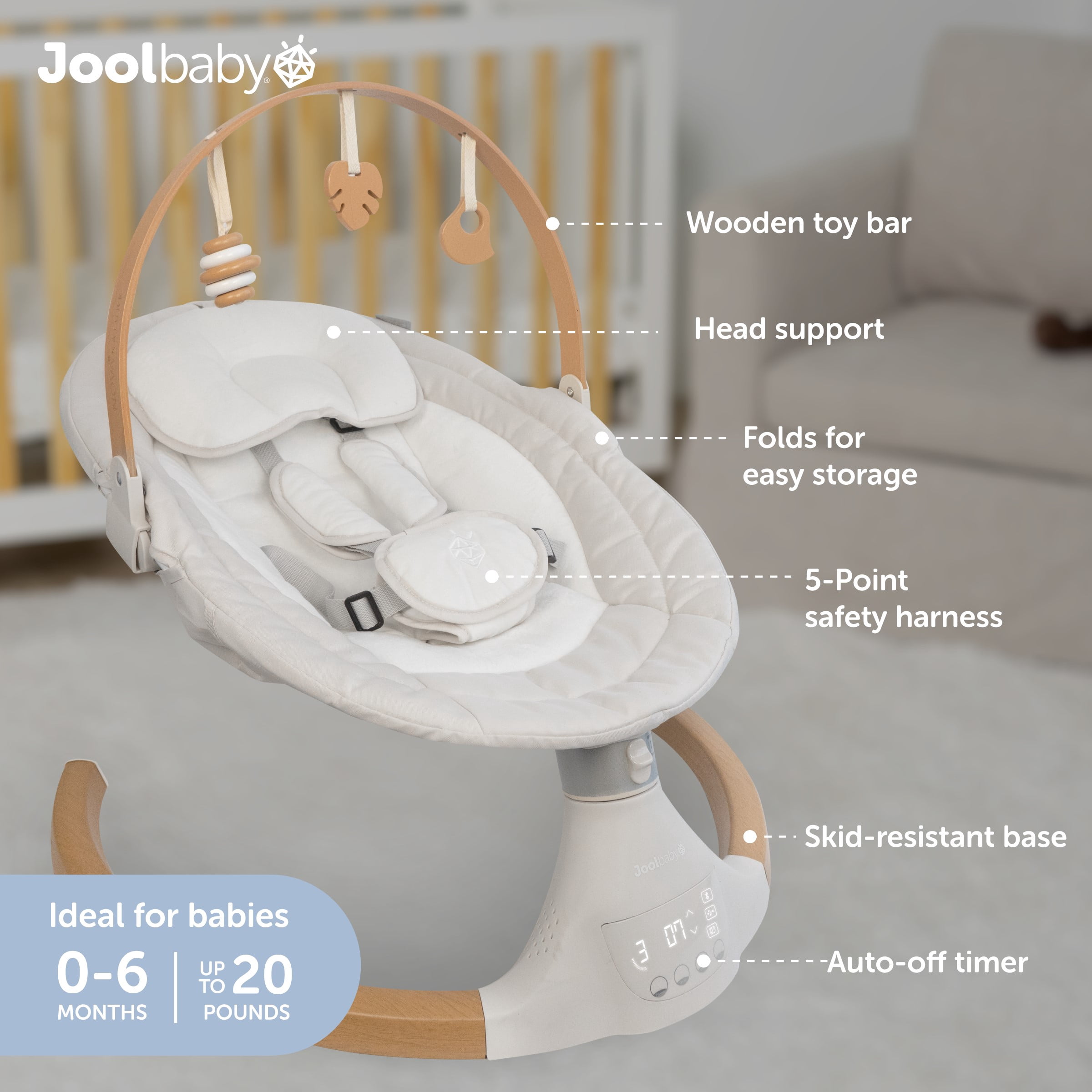 Jool Baby Nova Nature Baby Swing for Newborns – Natural Wood Toys, Electric Motorized Infant Swing, Bluetooth Music
