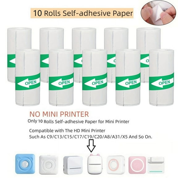 10pcs Mini Thermal Printer Sticker Paper Self-Adhesive Labels Black & White for All Printers Up to 57x30mm