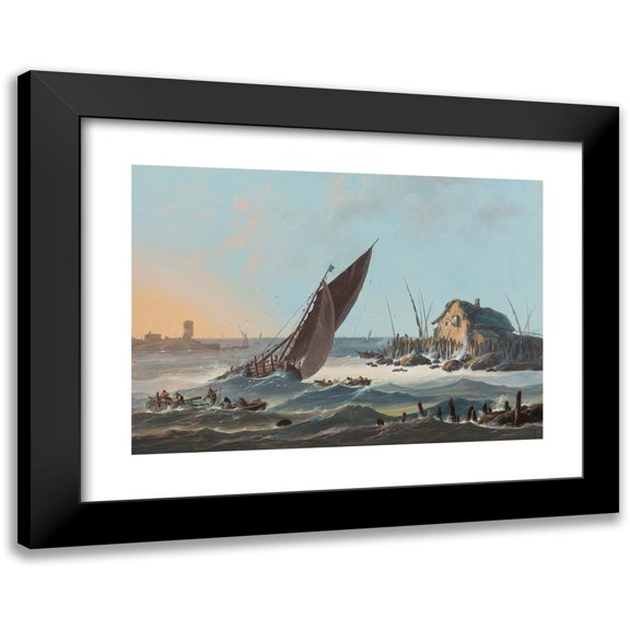 Jean-Baptiste Pillement 14x11 Black Modern Framed Museum Art Print Titled - A View of the Tagus, Portugal, with Ships and Boats in a Rough Sea