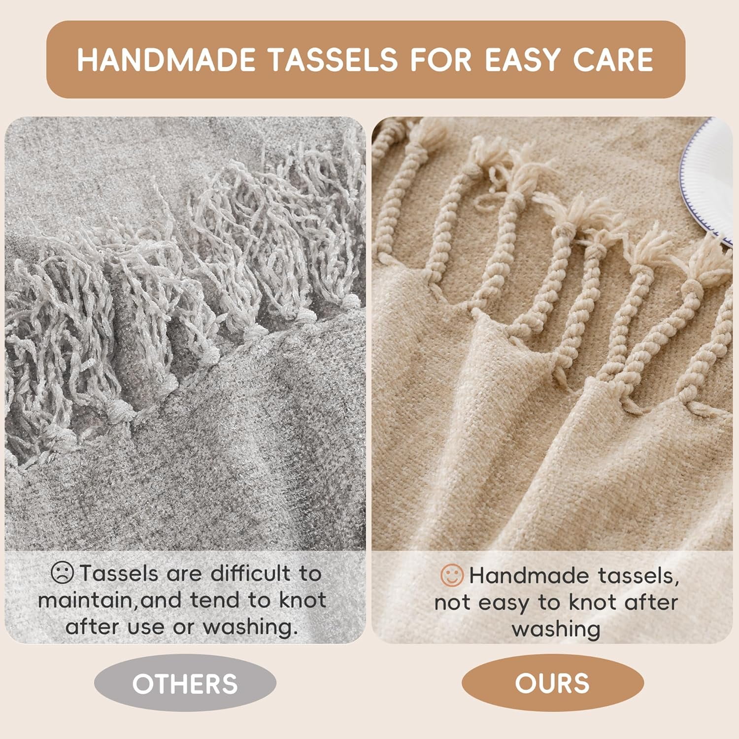 Beige Chenille Throw Blanket,Decorative Tan Knit Blanket for Living Room Decor,50"x60"