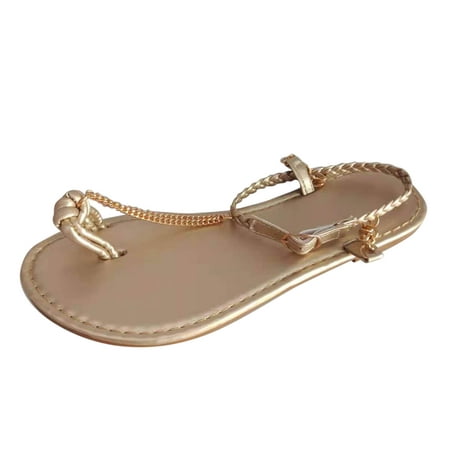 

Sandals Women Wide Feet Color Metal Sandals Toe Chain Round Fashion Casual Flat Toe Solid Sandals Womens Shoes Summer