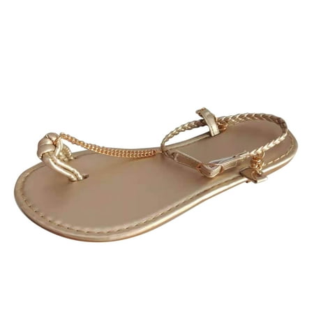 

ZTTD Color Metal Sandals Toe Chain Round Fashion Casual Flat Women s Toe Solid Women s Sandals Gold