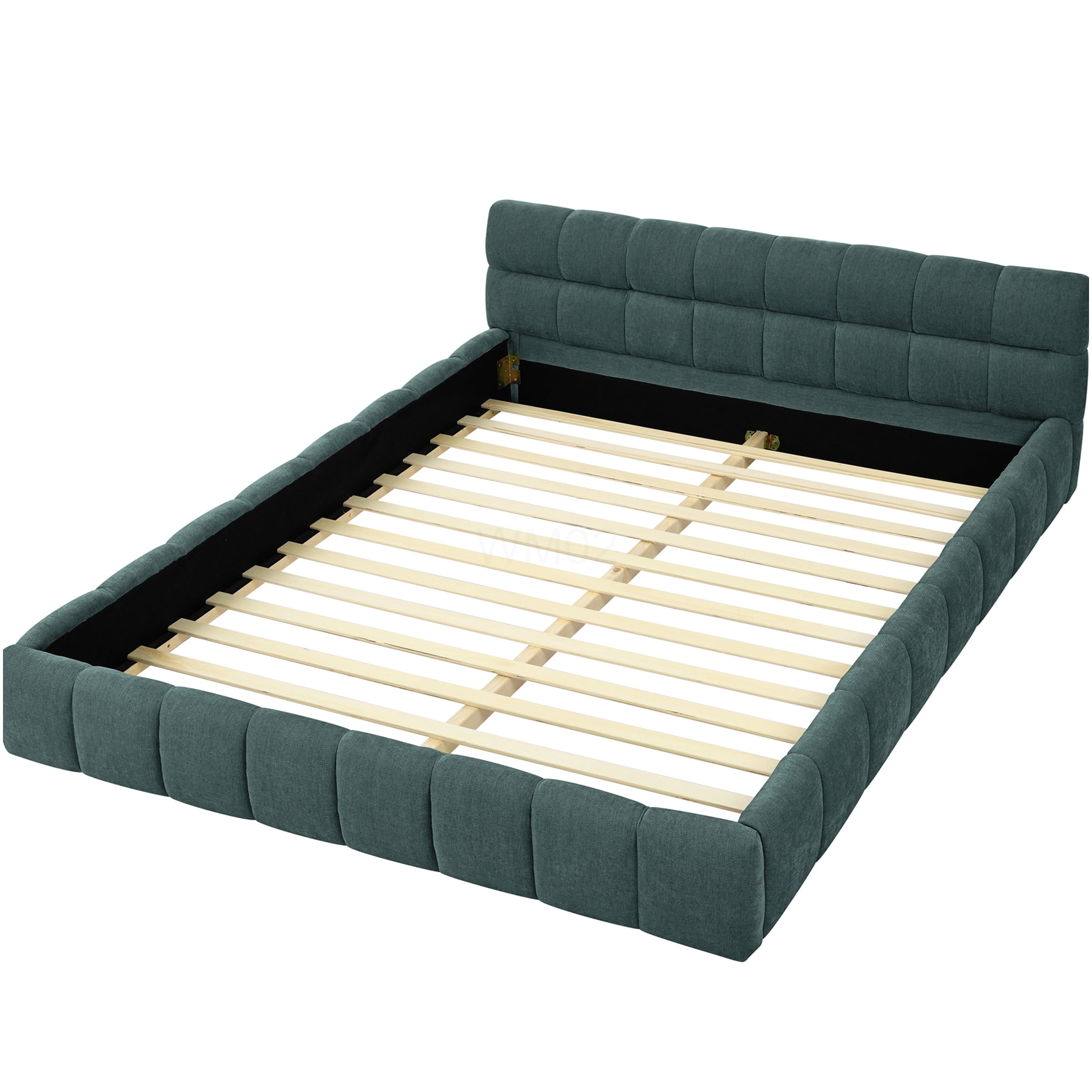 Queen Size Upholstered Platform Bed Frame with Headboard, Modern Chenille Fabric Bed, No Box Spring Needed, Blue Green