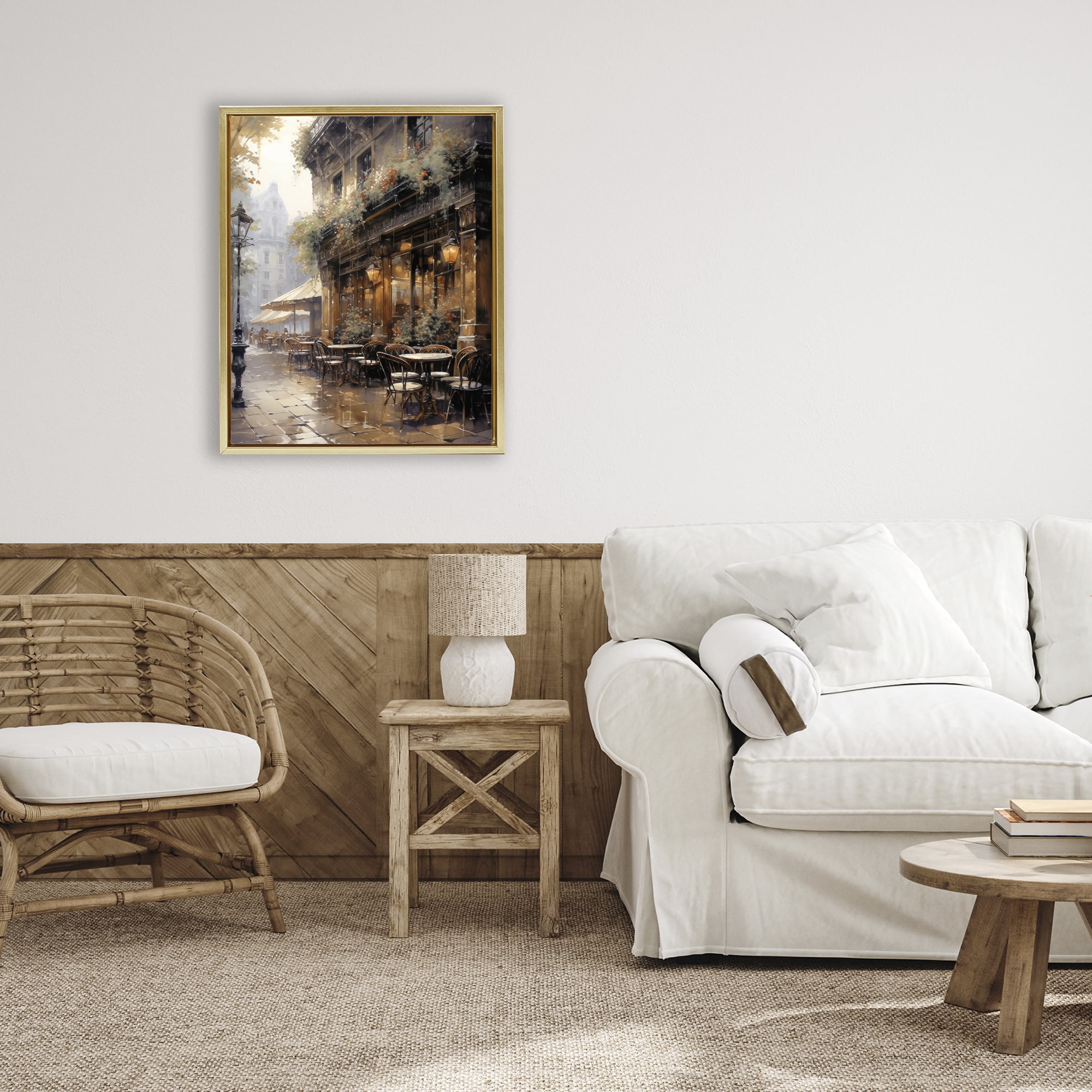 Stupell Industries Paris Street Cafe in Rain Gold Framed Floater Canvas Wall Art, design by Creative Studio
