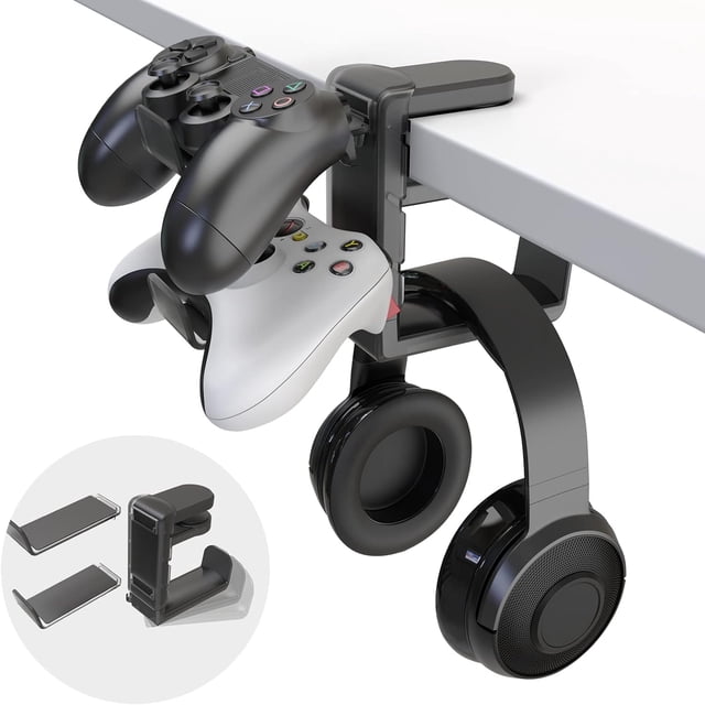 Soporte para auriculares y controlador para juegos de PC 3 en 1: soporte para auriculares con abrazadera ajustable, soporte para 2 controladores, brazo giratorio y organizador de cables, accesorio uni