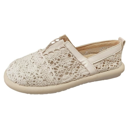 OJSFQUFP Womens Casual Shoes Ladies Casual Flower Lace Hollow Out Breathable Soft Bottom Flat Casual Shoes Single Shoes Leather Flats for Women Beige 39