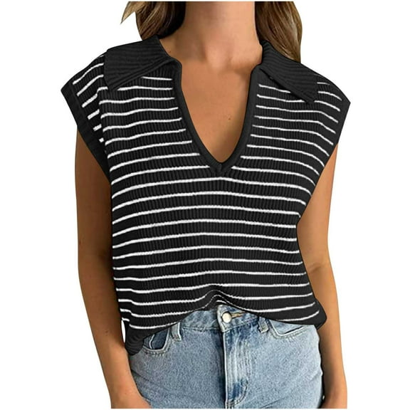 Lovskoo Summer Sweaters for Women 2024 V Neck Striped Cap Sleeve Tank Tops Sleeveless Spring Clothes Sweater Vest Black M