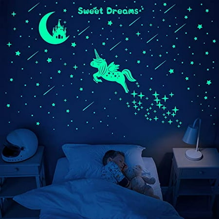 

353 PCS Glow in Dark Stars and Moon Castle Glowing Unicorn for Ceiling and Wall Decals Kids Bedding Room or Party Birthday Gift