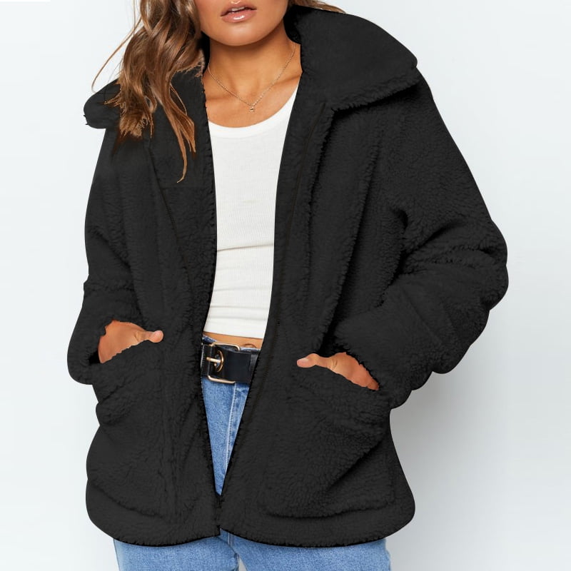 Anself - Women Jacket Fluffy Faux Fur Solid Color Turn Down Collar Long ...