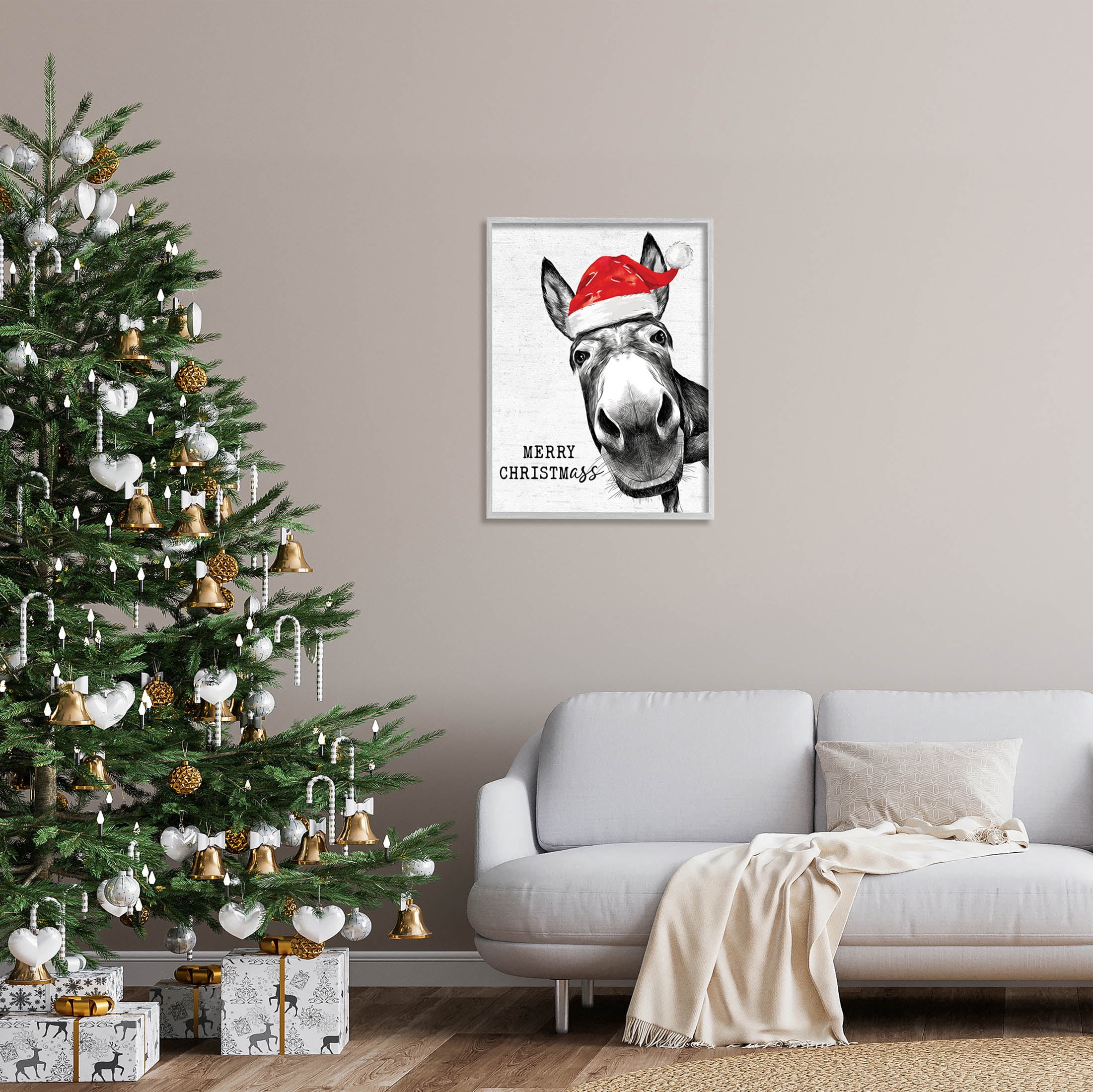 Stupell Industries Merry Christmass Funny Donkey Graphic Art Gray Framed Art Print Wall Art, Design by Lettered and Lined