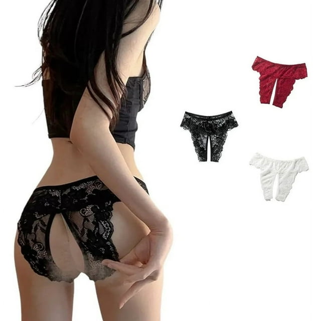 Bragas con entrepierna abierta para mujer, ropa interior de encaje erógeno de cintura baja con entrepierna abierta, color burdeos, negro, blanco, 2XL, 3 uds.