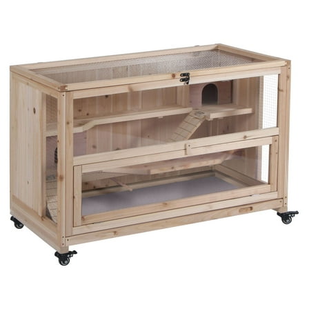 SAZYY Hamster Cage Big with Triple Ladders, Double Huts & Wheels - Natural Small Animal Home