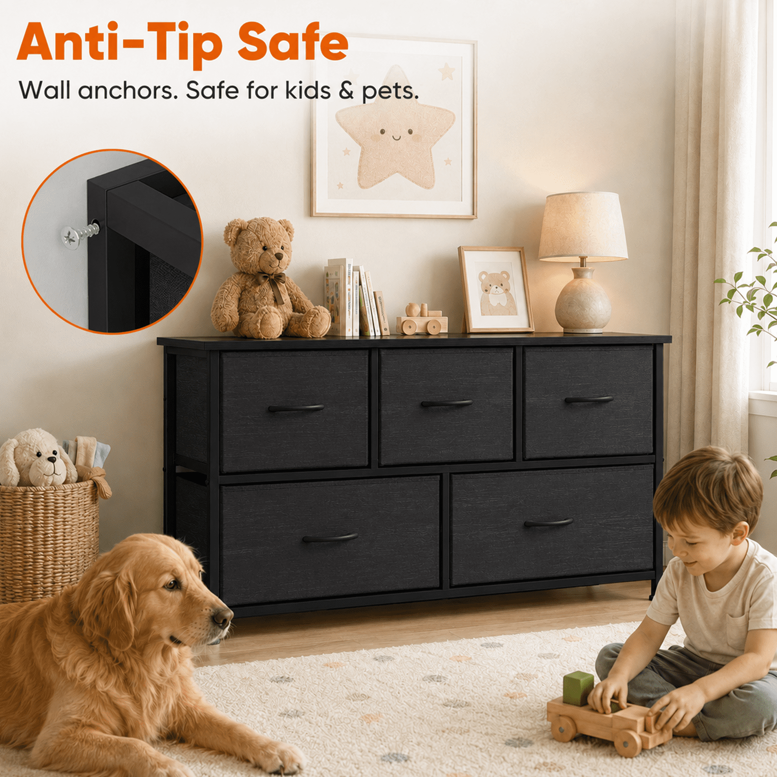 Alvantor Dresser for Bedroom with 4/5 Storage Drawers, Dressers Chest of Drawers Fabric Dresser with Sturdy Steel Frame, Wooden Top Cabinet Night Stand Dresser for Closet