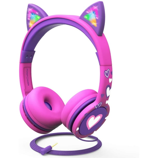 FosPower Casque pour enfants avec oreilles de chat lumineuses LED 3,5 mm  sur l'oreille Casque audio pour enfants avec câble lacé sans enchevêtrement  