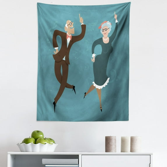 Retirement Tapestry, Elderly Couple Dancing Swing Dance Old Fashion Party Themed Image Print, Fabric Wall Hanging Decor for Bedroom Living Room Dorm, 5 Sizes, Multicolor, by Ambesonne