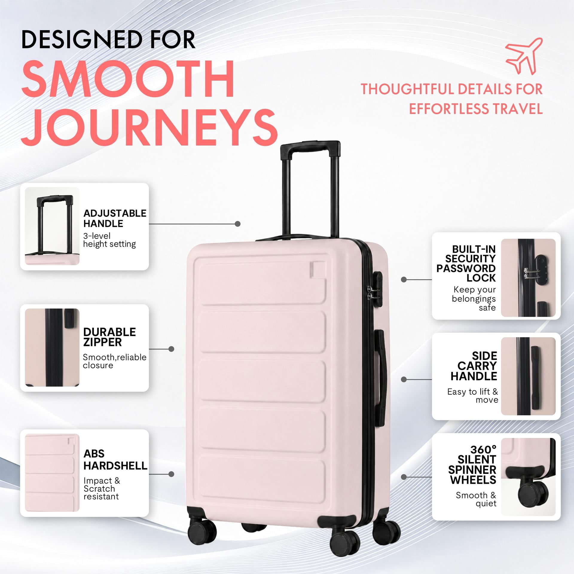 3-Piece ABS Hardshell Luggage Set, Lightweight Durable Suitcases with 4 Silent Spinner Wheels and Combination Lock, 20/24/28 Inch, Misty Rose Pink